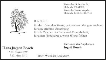 Anzeige von Hans Jürgen BoschIngrid Bosch von  Anzeigen Echo 