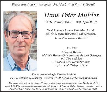 Anzeige von Hans Peter Mulder von  Blickpunkt Euskirchen 