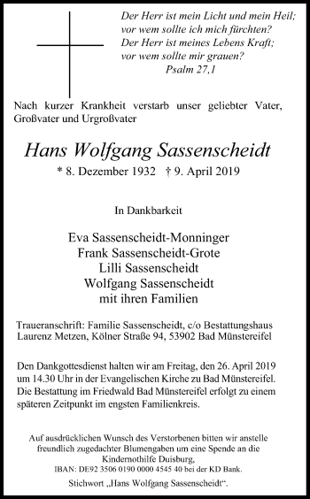 Anzeige von Hans Wolfgang Sassenscheidt von Kölner Stadt-Anzeiger / Kölnische Rundschau / Express
