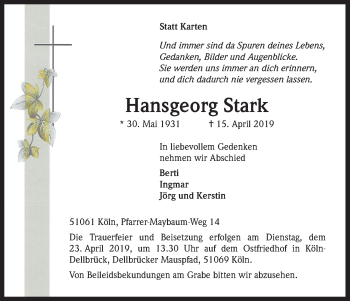 Anzeige von Hansgeorg Stark von Kölner Stadt-Anzeiger / Kölnische Rundschau / Express