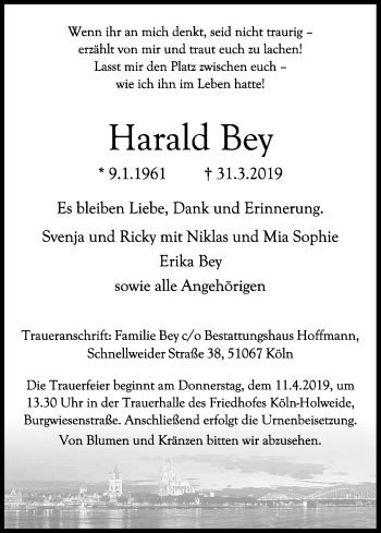 Anzeige von Harald Bey von Kölner Stadt-Anzeiger / Kölnische Rundschau / Express