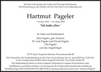 Anzeige von Hartmut Pageler von Kölner Stadt-Anzeiger / Kölnische Rundschau / Express