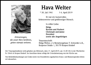 Anzeige von Hava Welter von Kölner Stadt-Anzeiger / Kölnische Rundschau / Express