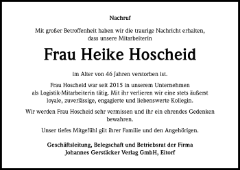 Anzeige von Heike Hoscheid von Kölner Stadt-Anzeiger / Kölnische Rundschau / Express