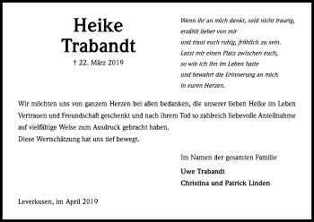 Anzeige von Heike Trabandt von Kölner Stadt-Anzeiger / Kölnische Rundschau / Express