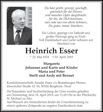 Anzeige von Heinrich Esser von  Sonntags-Post 