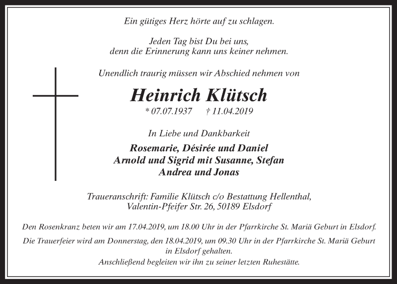  Traueranzeige für Heinrich Klütsch vom 17.04.2019 aus  Werbepost 
