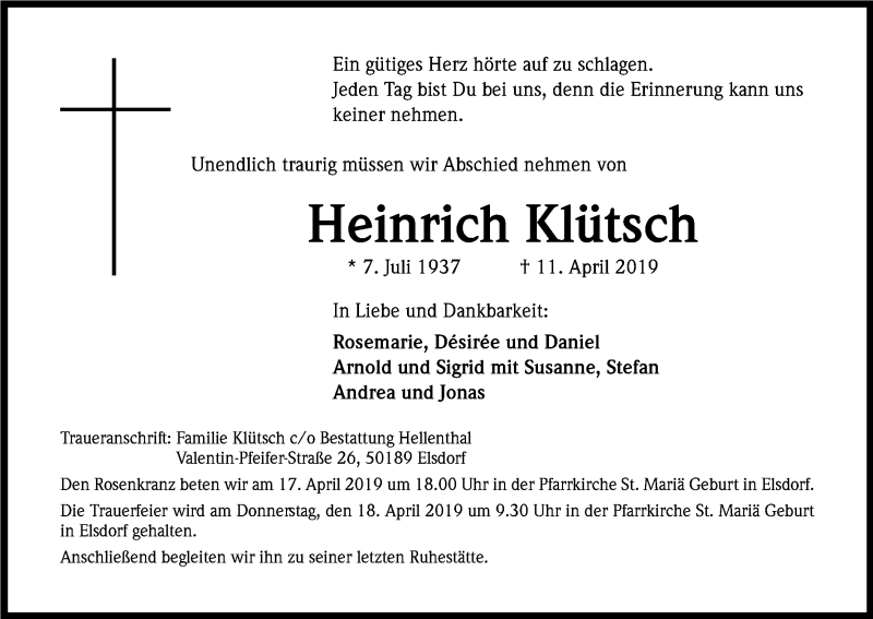  Traueranzeige für Heinrich Klütsch vom 16.04.2019 aus Kölner Stadt-Anzeiger / Kölnische Rundschau / Express