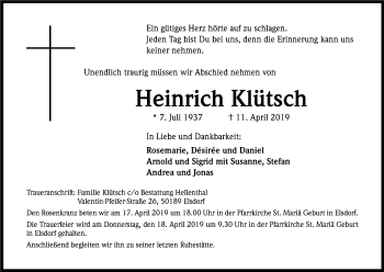Anzeige von Heinrich Klütsch von Kölner Stadt-Anzeiger / Kölnische Rundschau / Express