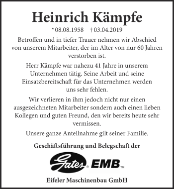 Anzeige von Heinrich Kämpfe von  Blickpunkt Euskirchen 