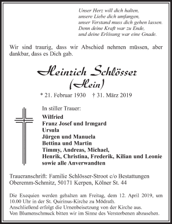 Anzeige von Heinrich Schlösser von  Sonntags-Post 