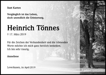 Anzeige von Heinrich Tönnes von Kölner Stadt-Anzeiger / Kölnische Rundschau / Express