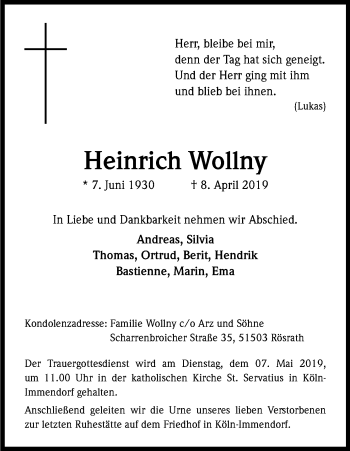 Anzeige von Heinrich Wollny von Kölner Stadt-Anzeiger / Kölnische Rundschau / Express