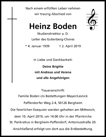 Anzeige von Heinz Boden von Kölner Stadt-Anzeiger / Kölnische Rundschau / Express