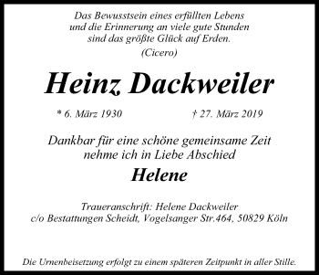 Anzeige von Heinz Dackweiler von Kölner Stadt-Anzeiger / Kölnische Rundschau / Express