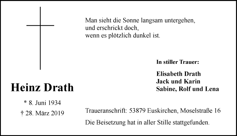  Traueranzeige für Heinz Drath vom 06.04.2019 aus  Blickpunkt Euskirchen 