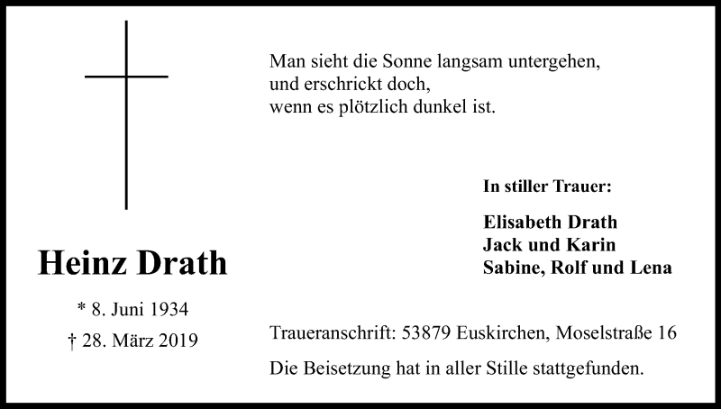  Traueranzeige für Heinz Drath vom 06.04.2019 aus Kölner Stadt-Anzeiger / Kölnische Rundschau / Express