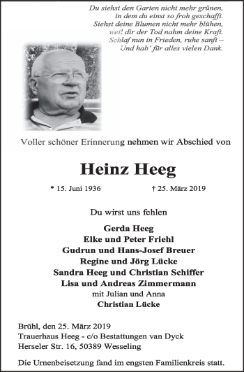 Anzeige von Heinz Heeg von  Schlossbote/Werbekurier 
