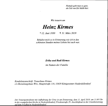 Anzeige von Heinz Kirmes von  Rhein-Sieg-Wochenende 