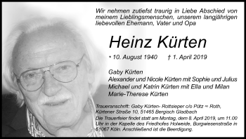 Anzeige von Heinz Kürten von Kölner Stadt-Anzeiger / Kölnische Rundschau / Express