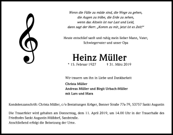 Anzeige von Heinz Müller von Kölner Stadt-Anzeiger / Kölnische Rundschau / Express