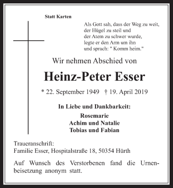 Anzeige von Heinz-Peter Esser von  Wochenende 