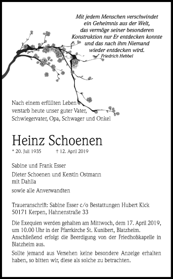 Anzeige von Heinz Schoenen von Kölner Stadt-Anzeiger / Kölnische Rundschau / Express