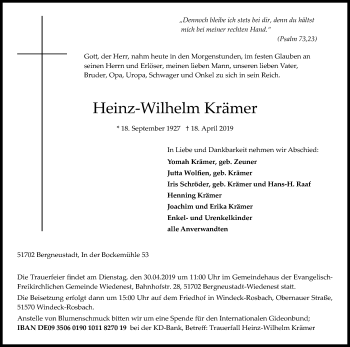 Anzeige von Heinz-Wilhelm Krämer von Kölner Stadt-Anzeiger / Kölnische Rundschau / Express