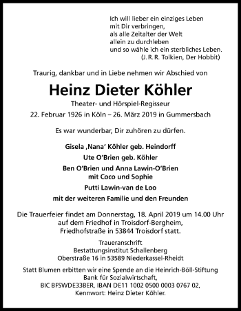 Anzeige von Heinz Dieter Köhler von Kölner Stadt-Anzeiger / Kölnische Rundschau / Express