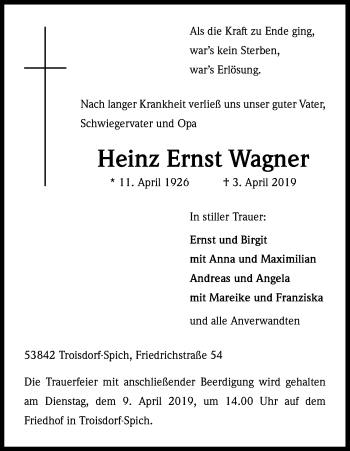Anzeige von Heinz Ernst Wagner von Kölner Stadt-Anzeiger / Kölnische Rundschau / Express