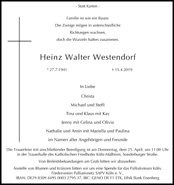 Anzeige von Heinz Walter Westendorf von Kölner Stadt-Anzeiger / Kölnische Rundschau / Express