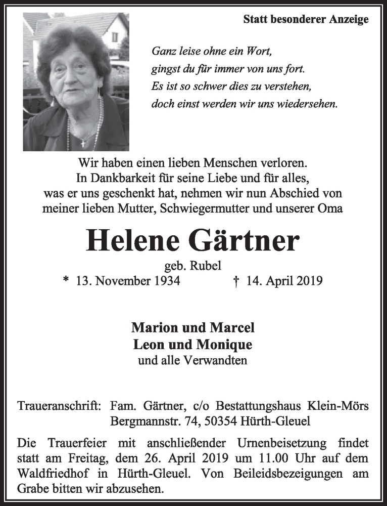  Traueranzeige für Helene Gärtner vom 20.04.2019 aus  Sonntags-Post 