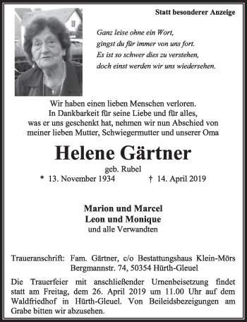Anzeige von Helene Gärtner von  Sonntags-Post 