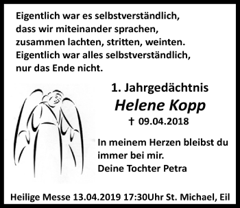 Anzeige von Helene Kopp von  Kölner Wochenspiegel 