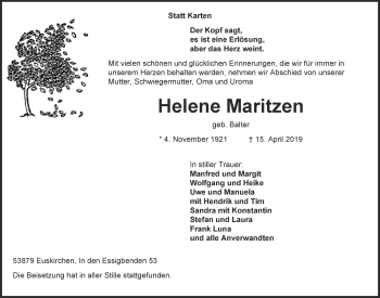 Anzeige von Helene Maritzen von  Blickpunkt Euskirchen 