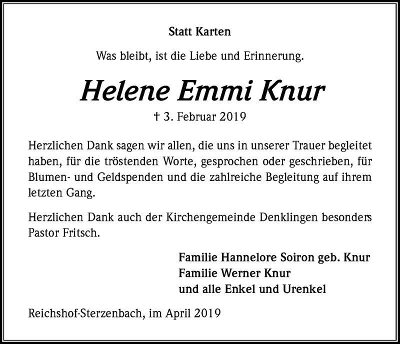  Traueranzeige für Helene Emmi Knur vom 13.04.2019 aus Kölner Stadt-Anzeiger / Kölnische Rundschau / Express