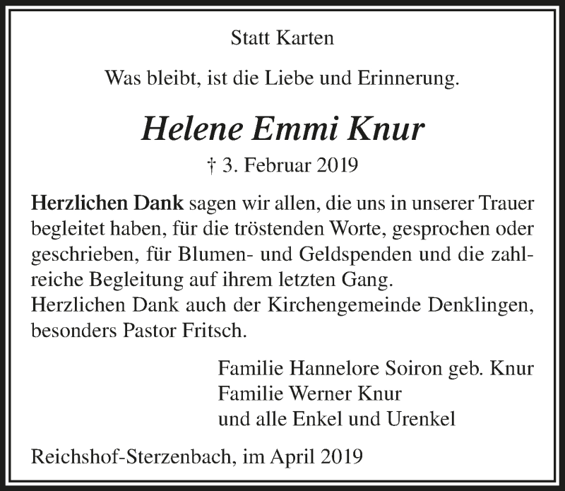  Traueranzeige für Helene Emmi Knur vom 10.04.2019 aus  Lokalanzeiger 