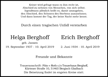 Anzeige von Helga Berghoff von Kölner Stadt-Anzeiger / Kölnische Rundschau / Express