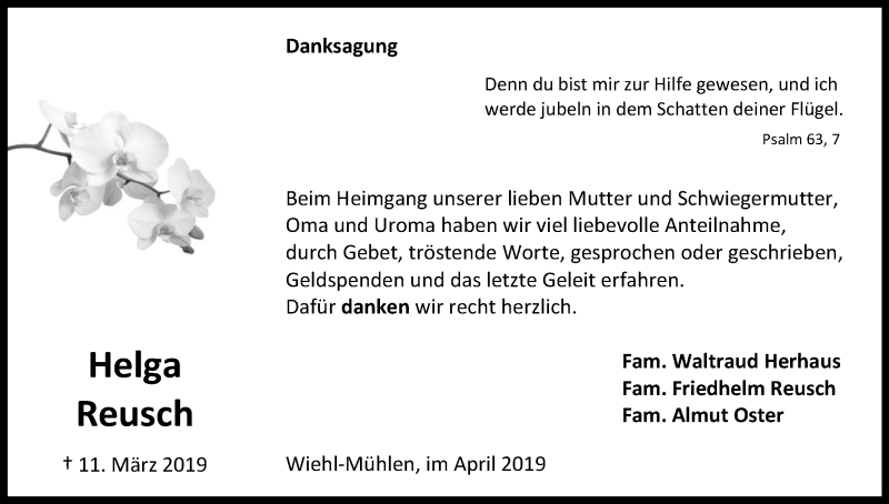  Traueranzeige für Helga Reusch vom 13.04.2019 aus Kölner Stadt-Anzeiger / Kölnische Rundschau / Express