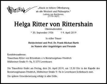 Anzeige von Helga  Ritter von Rittershain von Kölner Stadt-Anzeiger / Kölnische Rundschau / Express