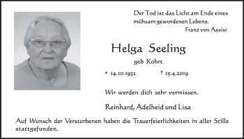 Anzeige von Helga Seeling von  Kölner Wochenspiegel  Schlossbote/Werbekurier 