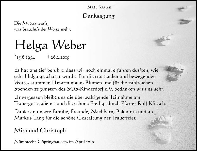  Traueranzeige für Helga Weber vom 30.04.2019 aus  Lokalanzeiger 
