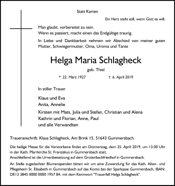 Anzeige von Helga Maria Schlagheck von Kölner Stadt-Anzeiger / Kölnische Rundschau / Express