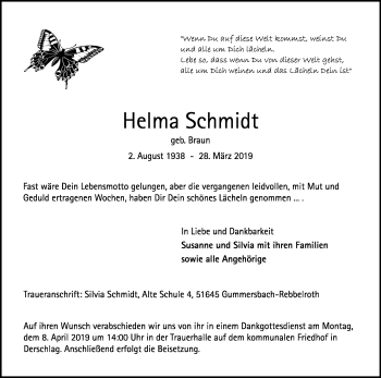 Anzeige von Helma Schmidt von Kölner Stadt-Anzeiger / Kölnische Rundschau / Express