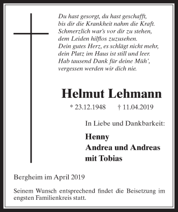 Anzeige von Helmut Lehmann von  Werbepost 