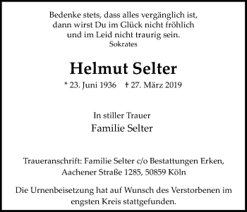 Anzeige von Helmut Selter von Kölner Stadt-Anzeiger / Kölnische Rundschau / Express