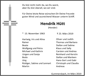 Anzeige von Hendrik Hütt von  Anzeigen Echo  Lokalanzeiger 