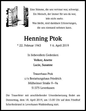 Anzeige von Henning Ptok von Kölner Stadt-Anzeiger / Kölnische Rundschau / Express