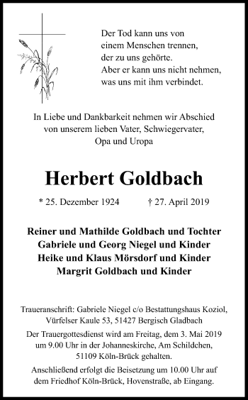 Anzeige von Herbert Goldbach von Kölner Stadt-Anzeiger / Kölnische Rundschau / Express