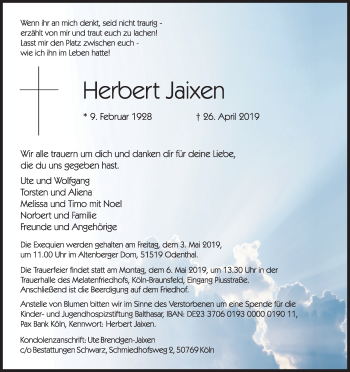 Anzeige von Herbert Jaixen von Kölner Stadt-Anzeiger / Kölnische Rundschau / Express